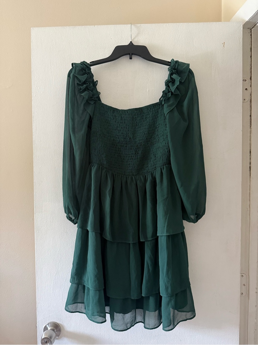 Green Smocked Ruffle Mini Dress Square Neck Long Sleeve Size Medium